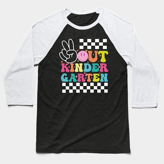 Peace Out Kindergarten, Last Day of School, End of School, Retro Wavy Text, Dots Doodle Baseball T-Shirt by GreenSpaceMerch